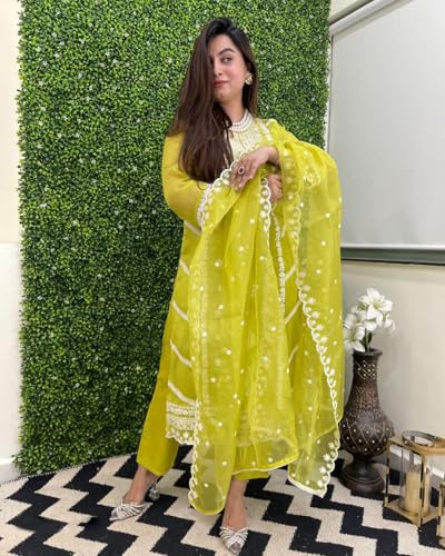Anni Designer Women'S Rayon Blend Straight Embroidered Kurta With Pant & Dupatta (Carlton Lemon_4Xl_Lemon_Xxxx-Large),Lemon,4XL,Rayon Blend,Regular,
