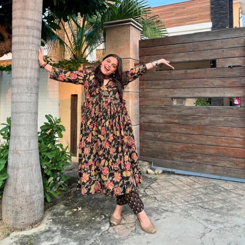 Anni Designer Women'S Rayon Blend Printed Anarkali Kurta With Pant & Dupatta (Belono Black_S_Black_Small),Black,S,Rayon Blend,Anarkali,