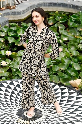 Anni Designer Women'S Cotton Blend Mid Thigh Printed Co-Ord Set (J111 Black Co-Ord_Xxl_Black_Xx-Large),Black,2XL,Cotton Blend,Casual,Kurta