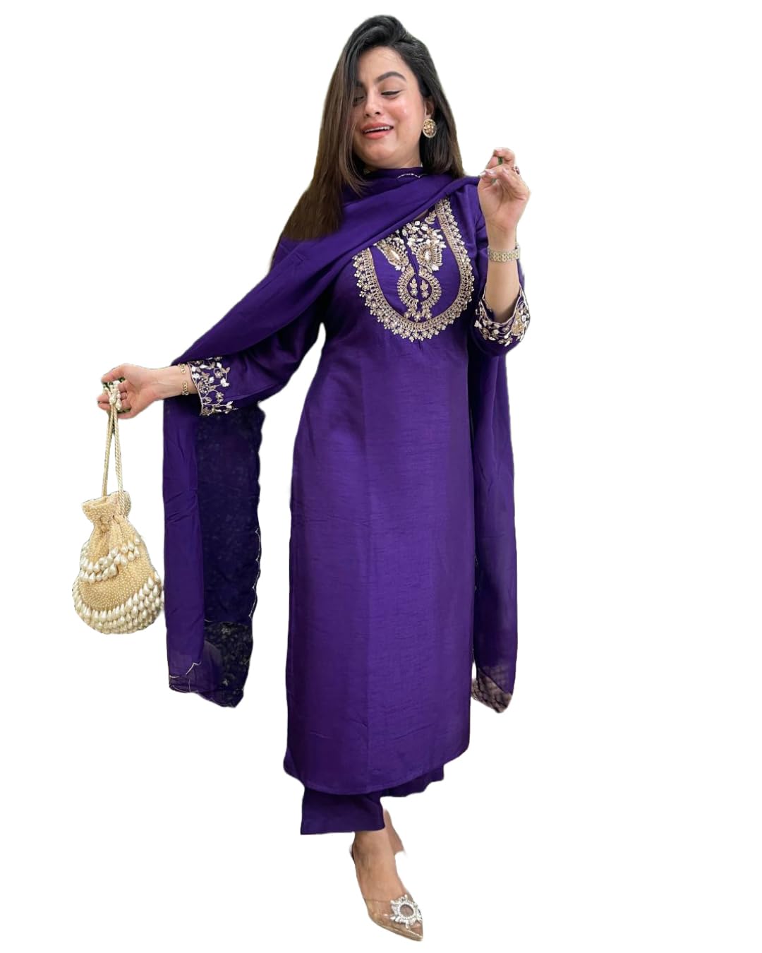 Gosriki Women'S Rayon Blend Staright Embroidered Kurta With Pant & Dupatta (Hansika Begani-Gs_L_Begani_Large),Begani,,B0DFCG47KV