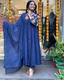 Gosriki Women'S Rayon Viscose Anarkali Printed Kurta With Pant & Dupatta (Jisma Blue-Gs_L_Blue_Large),Blue,,B0DX24Y75Q