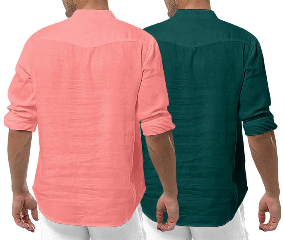 Royalscout Men'S Cotton Polyester Blend Solid Regular Fit Full Sleeve Short Kurta | Ethnic, Lightweight Summer Kurta For Daily & Occasion Use Peach-Green 3Xl