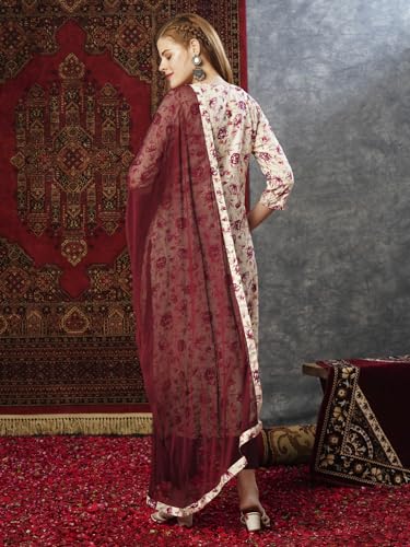 Anni Designer Women'S Cotton Blend Printed Straight Kurta With Pant & Dupatta (Gta Wine-Jb_L_Wine_Large),Wine,L,Cotton Blend,Regular,