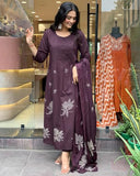 Anni Designer Women'S Rayon Blend Anarkali Printed Kurta With Pant & Dupatta (Gangori Wine_Xl_Wine_X-Large),Wine,XL,Rayon Blend,Anarkali,