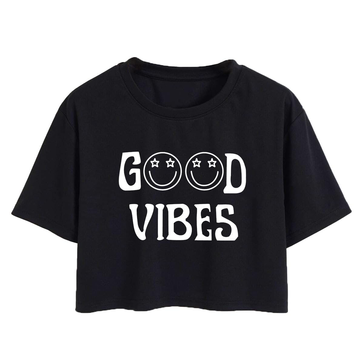 Toplot Text Printed Round Neck Crop Top For Women (Vibes-Crop-Top-5202-Black-L),Black,,B0DCTHGDB7