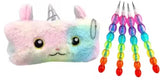 Eclet 5 Pcs Combo Set Cute Unicorn Fur Pouch with Rainbow Pencils for Kids OV