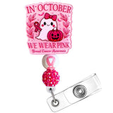 in October We Wear Pink Breast Cancer Awareness Badge Reel Ghost Halloween Hospital Clinic ID Name Holder Clip Fighters Support 