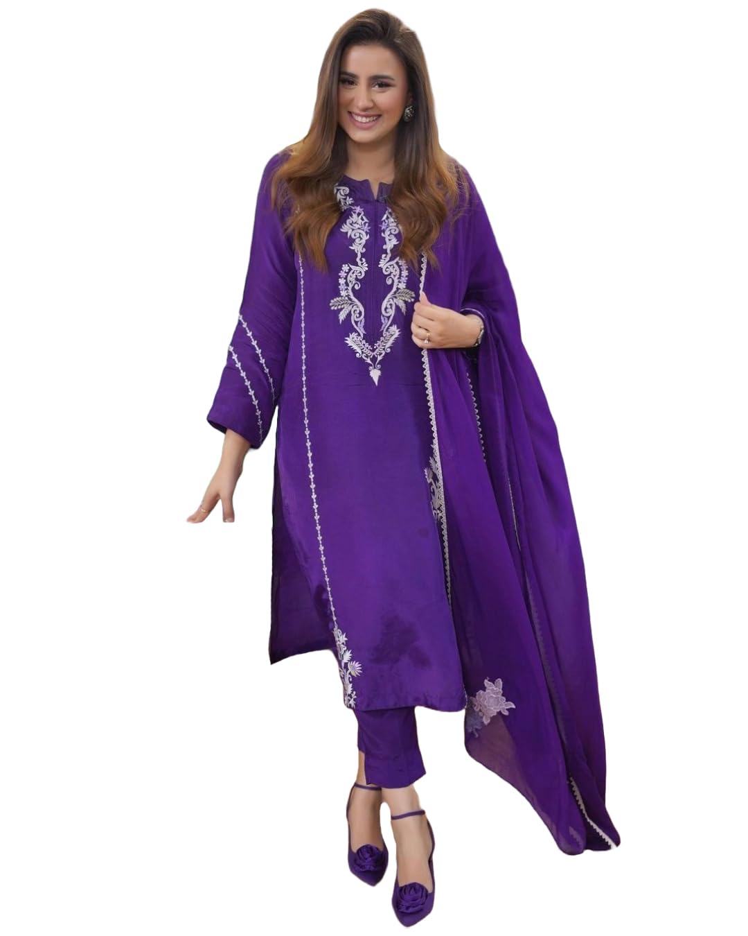 Anni Designer Women'S Rayon Blend Embroidered Straight Kurta With Pant & Dupatta (Jayashuda Begani_S_Begani_Small),Begani,S