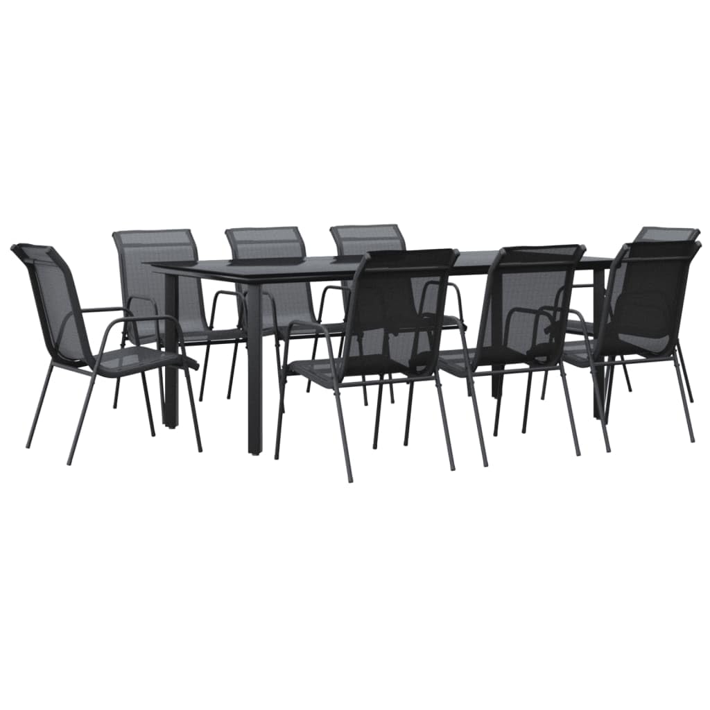 Vidaxl 9-Piece Patio Dining Set - Elegant Black Steel & Textilene Outdoor Furniture - Garden, Patio Centerpiece With Durable Design