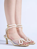 Shoetopia Elegant Pearl-Embellished Golden Heeled Sandals For Women & Girls /Eu37,Golden,4,B0F9FPT678