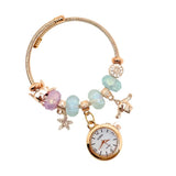 Zovuta Women And Girls Fashion Stainless Steel Beaded Adjustable Quartz Analog Watch Bangle Jewellery Friendship Bracelet - Rose