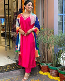 Anni Designer Women'S Cotton Blend Straight Solid Kurta With Pant & Dupatta (Kisori Pink_L_Pink_Large),Pink,L,Cotton Blend,Straight,Kurta, Scarf
