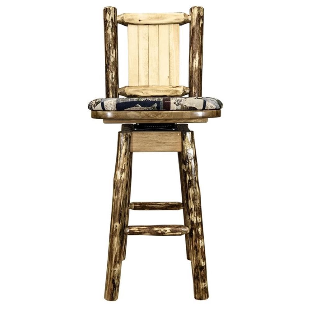 Montana Woodworks Glacier Country Collection Barstool With Back & Swivel, Upholstered Seat, Woodland Pattern With Laser Engraved