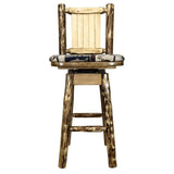 Montana Woodworks Glacier Country Collection Barstool With Back & Swivel, Upholstered Seat, Woodland Pattern With Laser Engraved