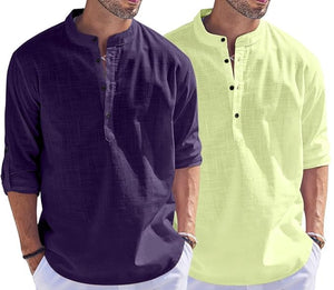 Bellstone Men'S Cotton Blend Solid Regular Dress Shirt (Kurta800_Combo_Purple_Light Yellow_Xl Purple - Light Yellow Xl