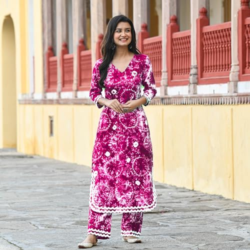 Gosriki Women'S Cotton Blend Printed Straight Kurta With Palazzo Set (Hand Block Pink-Gs_M_Pink_Medium),Pink,,B0CHSF9N4D