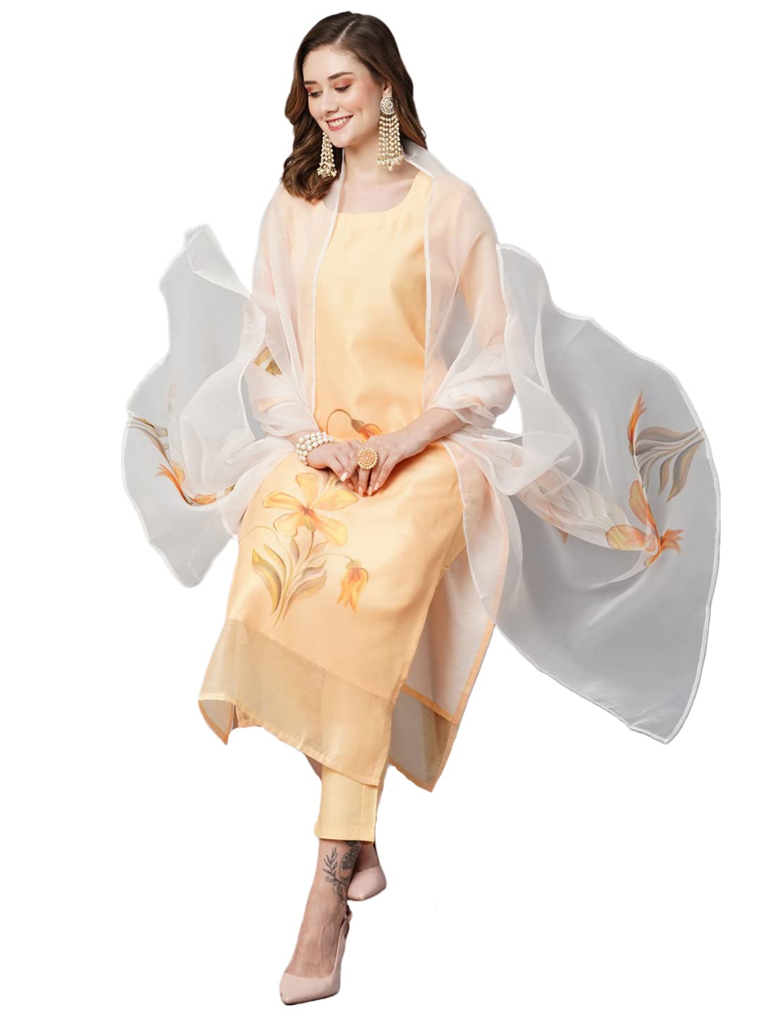 Gosriki Women'S Chanderi Cotton Straight Printed Kurta With Pant & Dupatta (Falak Cream-Nw-Gs_4Xl_Cream_Xxxx-Large),Cream,4,B0C718KKFF