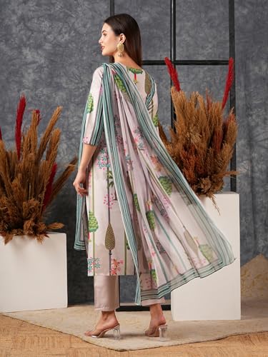 Anni Designer Women'S Cotton Blend Straight Printed Kurta With Pant & Dupatta (Darur Green_Xl_Green_X-Large),Green,XL,Cotton Blend,Regular,Kurta, Scarf
