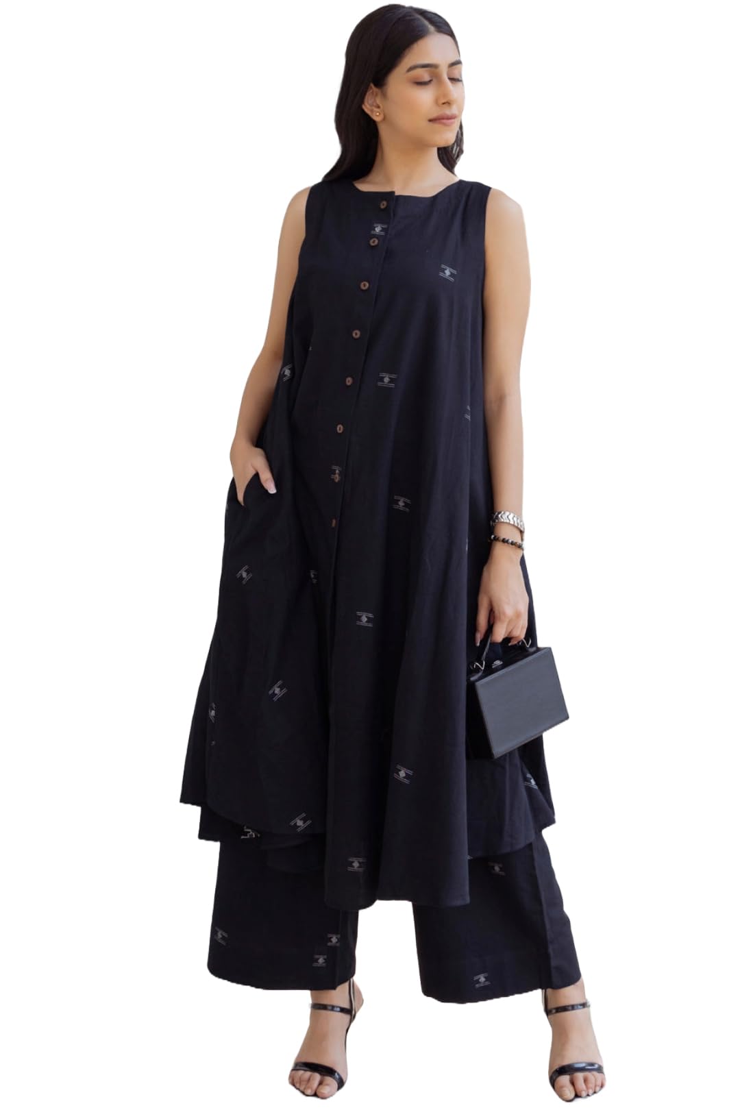 Anni Designer Women'S Rayon Viscose A-Line Printed Kurta With Palazzo (Rawana Black_L_Black_Large),Black,L