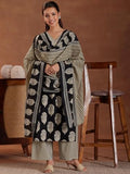 Libas Womens Printed Cotton Straight Kurta With Palazzos And Dupatta Black Xl 36915