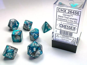 Steel And Teal Gemini Mini Dice With White Colored Numbers 10Mm (3/8In) Set Of 7 Chessex