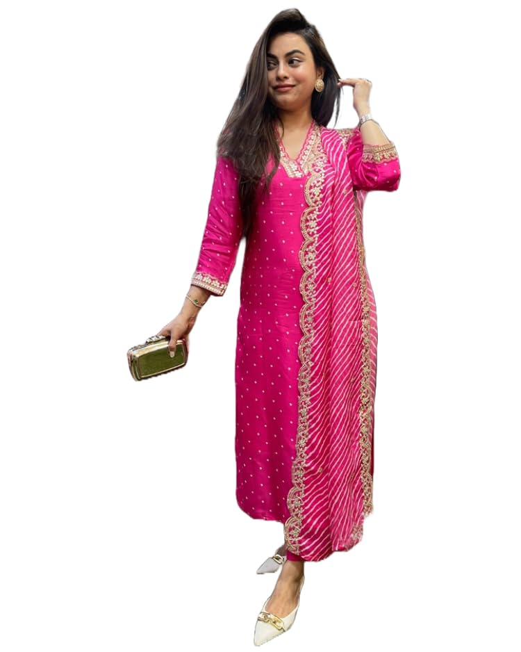 Anni Designer Women'S Rayon Viscose Straight Printed Kurta With Pant & Dupatta (June Pink_Xxl_Pink_Xx-Large),Pink,2XL