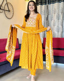 Anni Designer Women'S Rayon Viscose Embroidered Anarkali Kurta With Pant & Dupatta (Kanota Yellow-Vks05_S_Yellow_Small),Yellow,S,Rayon,Anarkali,