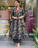 Anni Designer Women'S Rayon Blend Anarkali Printed Kurta With Palazzo & Dupatta (Cia Blue_3Xl_Blue_Xxx-Large),Blue,3XL,Rayon Blend,Anarkali,