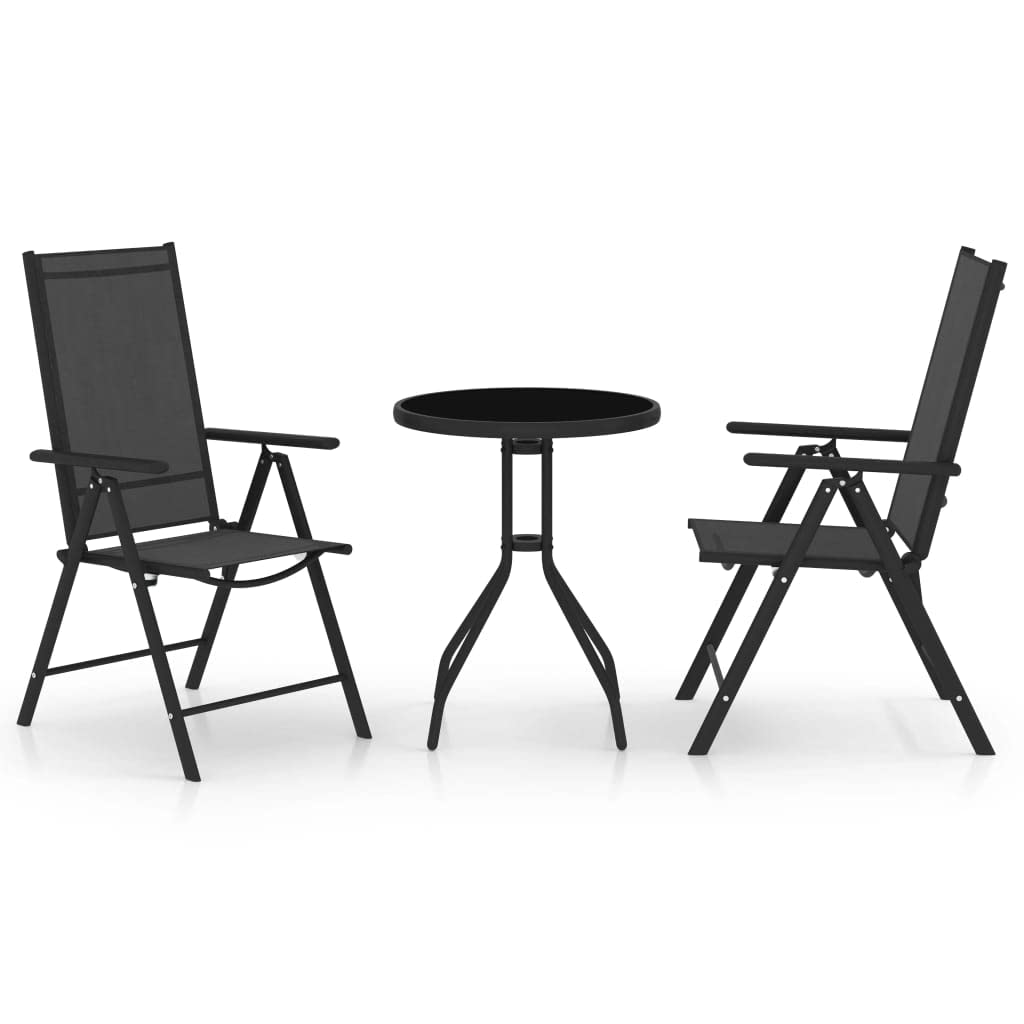 Vidaxl Black Bistro Set - 3 Piece Outdoor Furniture Set With Reclining Chairs, Aluminium, Textilene And Glass, Ideal For Patio, Garden, And Deck
