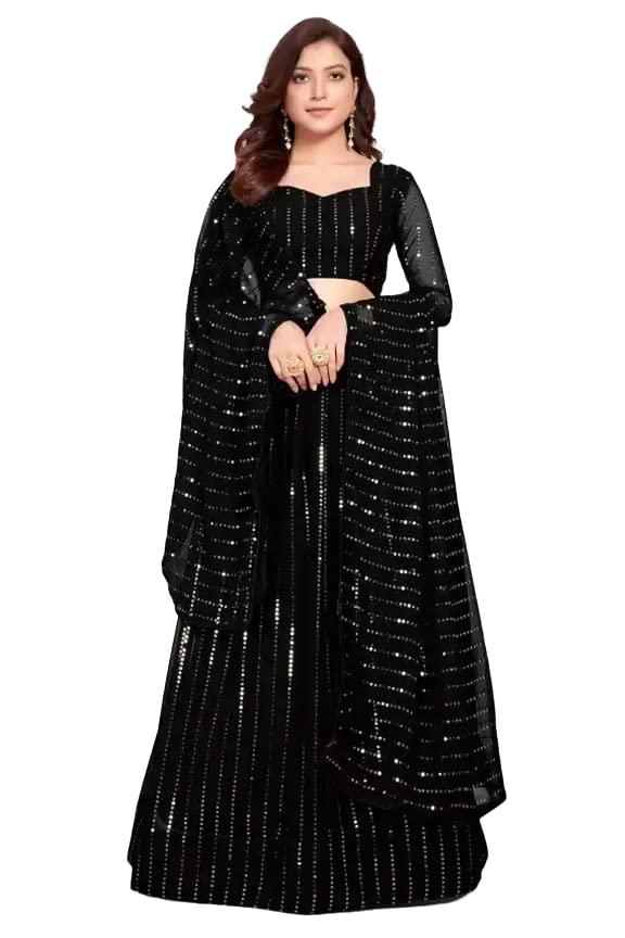 Fashion Basket Women's Georgette Embroidered sequence work Black Semi Stitched Lehenga Choli(SSFB-L8208_Free Size)
