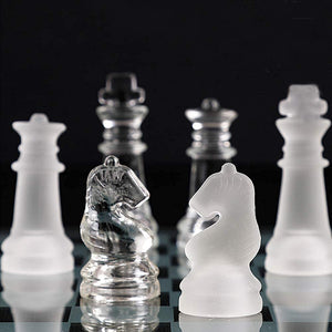 10*10 Glass Chess Set Frosted and Clear Pieces Felted Bottom for Adult and Teens(Gift for Game Education)