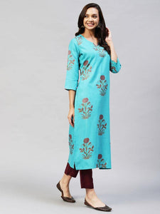 Gosriki Women'S Cotton Blend Printed Straight Kurta With Pant (Team-Sky_M-Go_Sky Blue_Medium),Sky Blue,,B0BBB77PPV