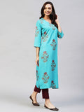 Anni Designer Women'S Cotton Blend Printed Straight Kurta With Pant (Team-Sky_L_Sky Blue_Large),Sky Blue,L,Cotton Blend,Straight,Pants