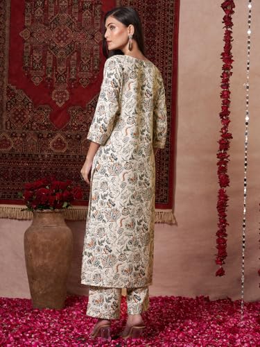 Anni Designer Women'S Rayon Viscose Straight Printed Kurta With Pant (Tirah Cream-Vks01_L_Cream_Large),Cream,L,Rayon,Regular,