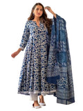 Pinkmint Women's Rayon Anarkali Indigo Printed Kurta & Pant with Dupatta Set