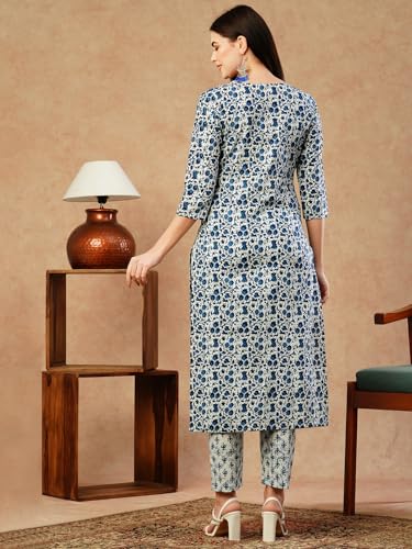 Anni Designer Women'S Cotton Blend Straight Printed Kurta With Pant (Nirjal Blue_Xxl_Blue_Xx-Large),Blue,2XL,Cotton Blend,Nirjal Blue_1502,