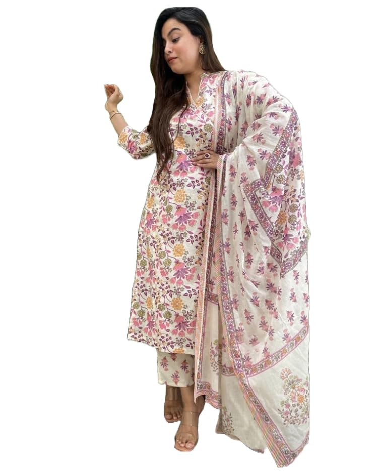 Anni Designer Women'S Rayon Blend Straight Printed Kurta With Pant & Dupatta (Fuldani Pink_S_Pink_Small),Pink,S