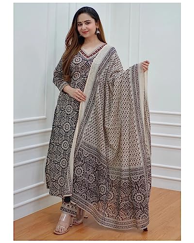 Anni Designer Women'S Cotton Blend Printed Straight Kurta With Pant & Dupatta Pack Of 2 (Combo-Nihira Cream-Chhapa-Pink_M_Multi_Medium),Multicolour,M,Cotton Blend,Regular,