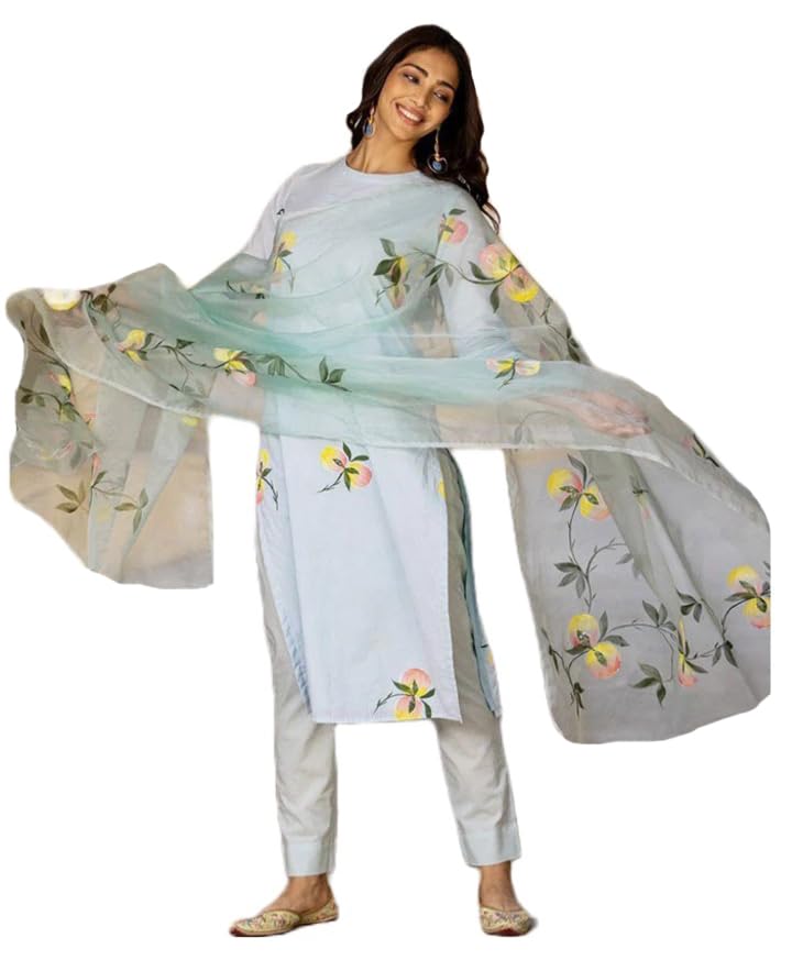 Anni Designer Women'S Cotton Blend Straight Printed Kurta With Pant & Dupatta (Taral Grey-Nw_S_Grey_Small),Grey,S