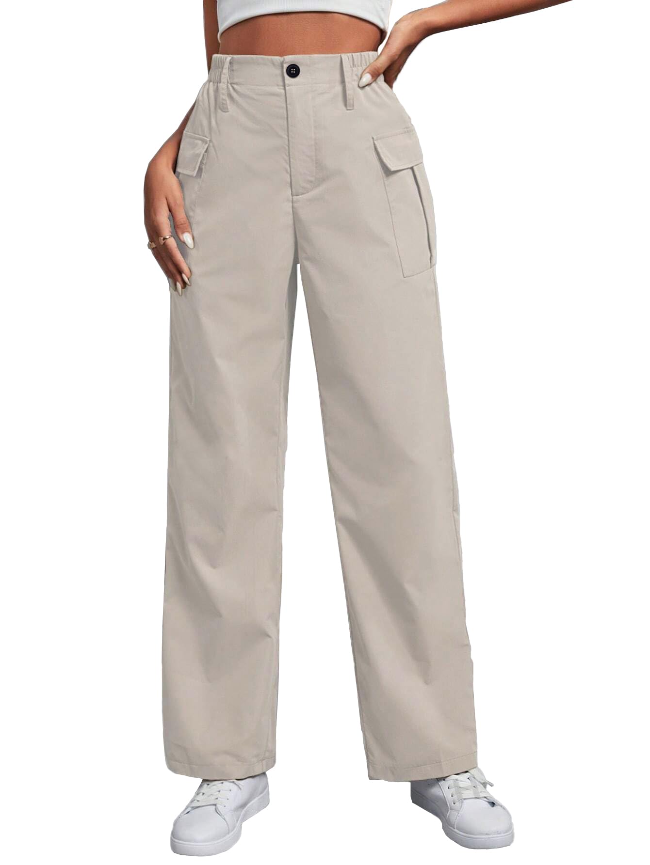 Toplot Cotton Solid Multi-Pocket Cargo Pant For Women (Wide-Leg-Cargo-5195-Off White-28),Off White,28,B0D9VQ2NCD