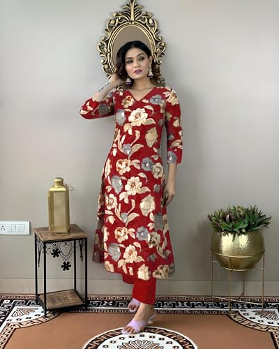 Anni Designer Women'S Cotton Blend Straight Printed Kurta With Pant (Dhun Red_S_Red_Small),Red,S,Rayon Blend,Regular,