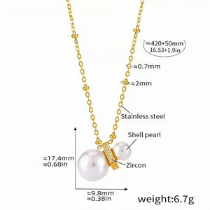 Gold Chain Necklace with Shell Pearls & Zircon Accents 16.5''+1.9'' Adjustable Stainless Steel Elegant Gift for Women