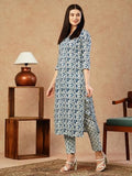 Gosriki Women'S Cotton Blend Straight Printed Kurta With Pant (Nirjal Blue-Gs_S_Blue_Small),Blue,,B0CTCK1CLD