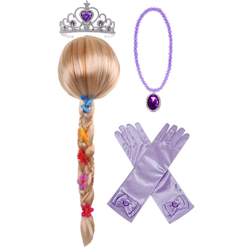 Princess Rapunzel Wig Rapunzel Braid with Princess Tiara Necklace Gloves Princess Rapunzel Dress Up Costume Cosplay Accessories