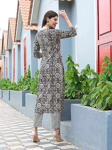Anni Designer Women'S Cotton Blend Straight Printed Kurta With Pant Set (Vibi Grey_Xl_Grey_X-Large),Grey,XL,Cotton Blend,Regular,