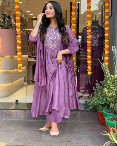 Anni Designer Women'S Rayon Viscose Embroidered A-Line Kurta With Pant & Dupatta (Takita Purple_S_Purple_Small),Purple,S,Rayon,A-Line,
