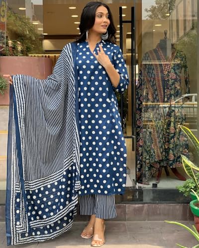 Anni Designer Women'S Cotton Blend Straight Printed Kurta With Pant & Dupatta (Lotoji Blue_L_Blue_Large),Blue,L,Rayon Blend,Regular,