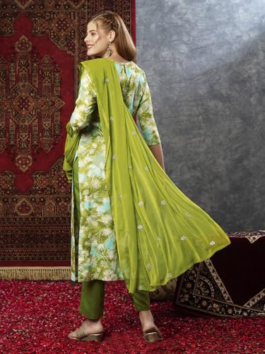 Anni Designer Women'S Cotton Blend Printed Straight Kurta With Pant & Dupatta (Bhadrusha Green-Jb_M_Green_Medium),Green,M,Cotton Blend,Regular,