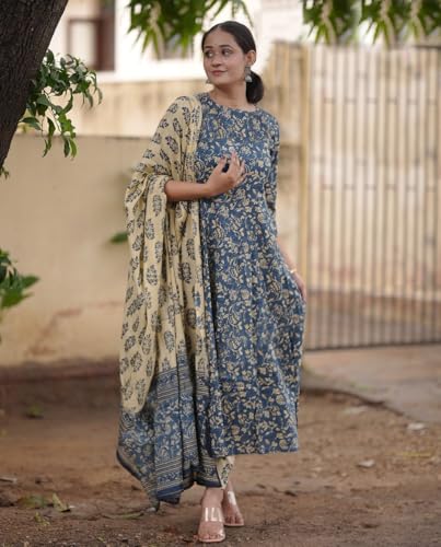 Gosriki Women'S Rayon Blend Anarkali Printed Kurta With Pant & Dupatta (Junapith Blue-Gs_S_Blue_Small),Blue,,B0DFXZQ5V6