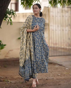 Gosriki Women'S Rayon Blend Anarkali Printed Kurta With Pant & Dupatta (Junapith Blue-Gs_S_Blue_Small),Blue,,B0DFXZQ5V6
